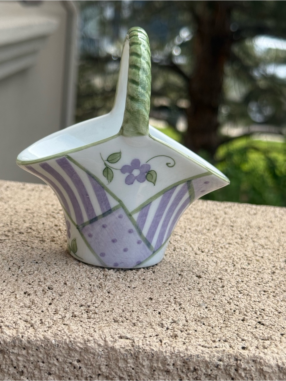 Andrea by Sadek Porcelain Basket Floral patchwork White Green Purple Trinket